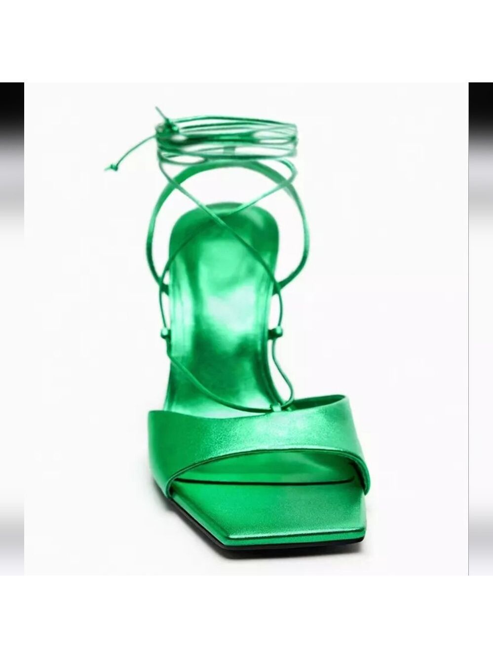 NWOT Zara Metallic Green Lace-up Leather Sandals, Size 7.5 - Picture 3 of 17